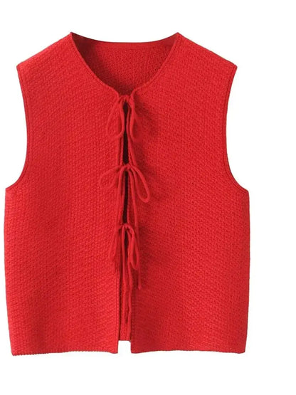 Knit Tops- Red Sleeveless Knit Tie-Up Vest Perfect for Women- - Chuzko Women Clothing