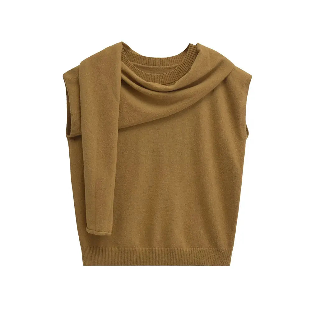 Knit Tops - Scarf Neck Top Sleeveless Knit Sweater