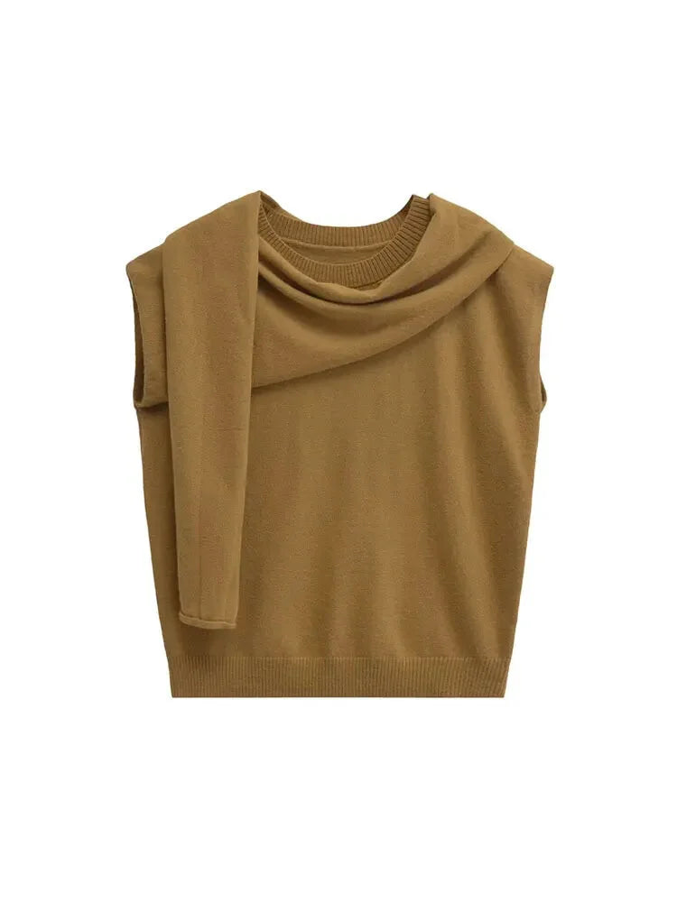 Knit Tops - Scarf Neck Top Sleeveless Knit Sweater