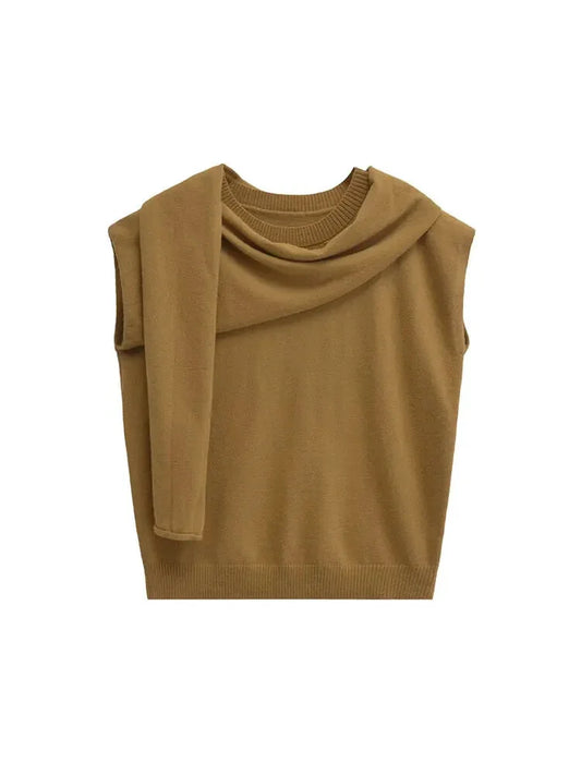 Knit Tops - Scarf Neck Top Sleeveless Knit Sweater