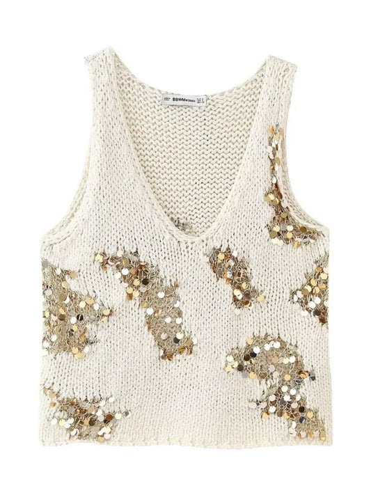 Knit Tops- Sparkle Embellished Tank Top for Chic Events- Vanilla White- Chuzko Women Clothing