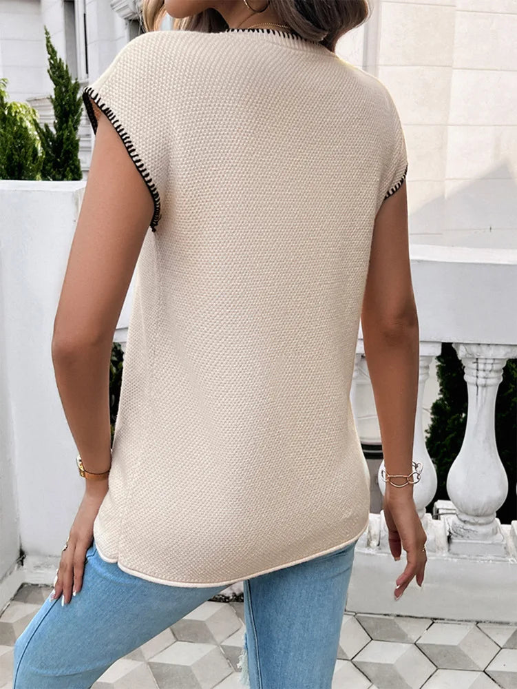 Knit Tops- Women Cap Sleeve Top in Contrast Trim- - Pekosa Women Fashion