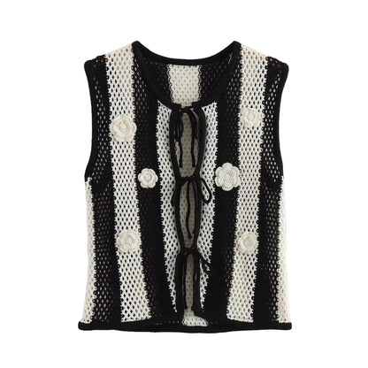 Knit Tops- Women Floral Appliqué Knitting Striped Vest- Black- Chuzko Women Clothing