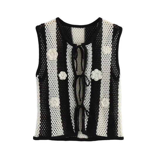 Knit Tops- Women Floral Appliqué Knitting Striped Vest- - Chuzko Women Clothing