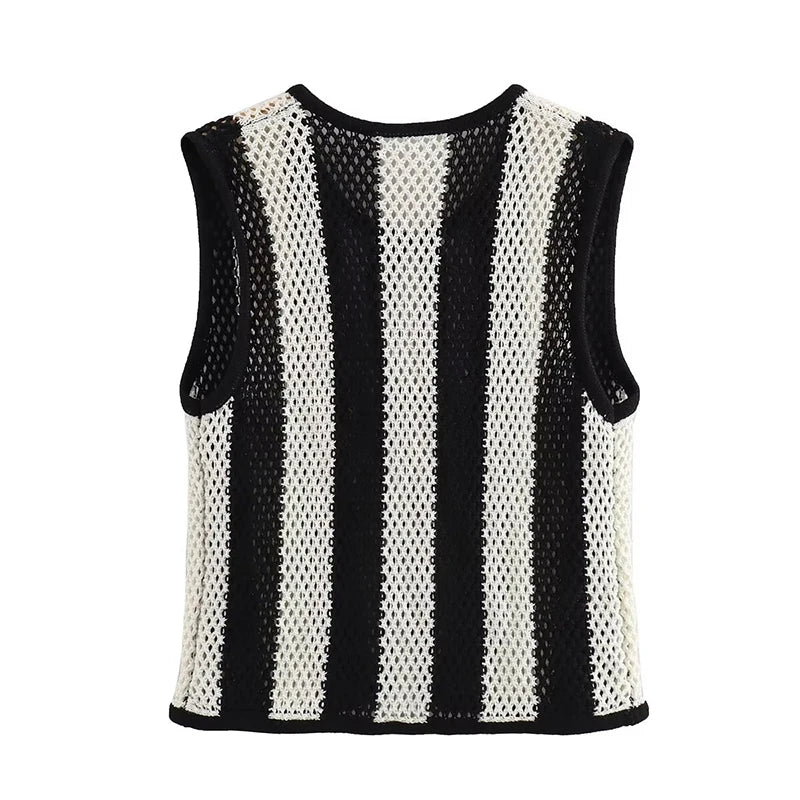 Knit Tops- Women Floral Appliqué Knitting Striped Vest- - Chuzko Women Clothing