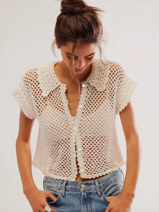 Knit Tops - Casual Summer Hollow Knit Crop Blouse for Women