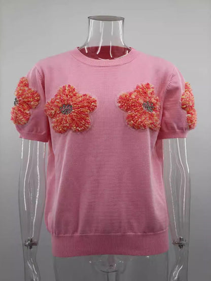 Women's Short Sleeve Knit Top with Flower Appliques