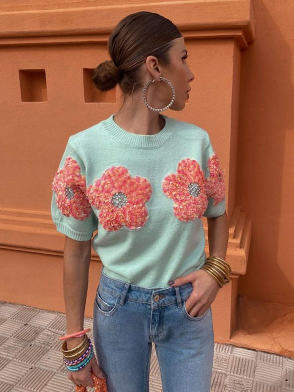 Women's Short Sleeve Knit Top with Flower Appliques