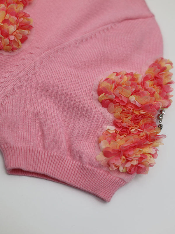 Haut en tricot à manches courtes pour femmes avec appliques de fleurs