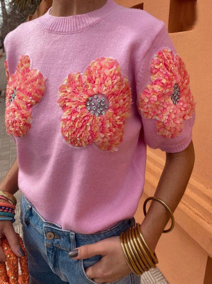 Damen-Kurzarm-Strickoberteil mit Blumenapplikationen