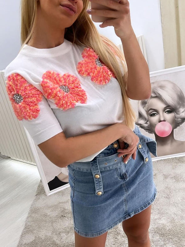 Women's Short Sleeve Knit Top with Flower Appliques