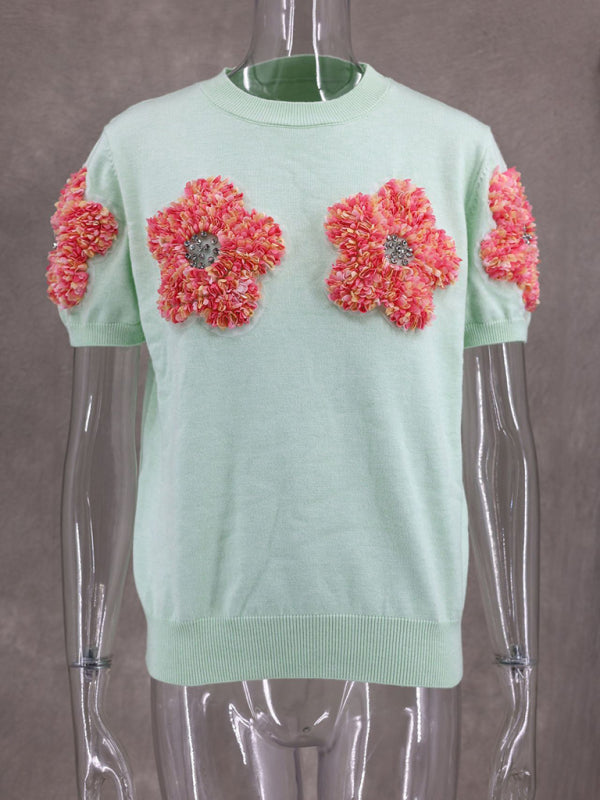 Women's Short Sleeve Knit Top with Flower Appliques