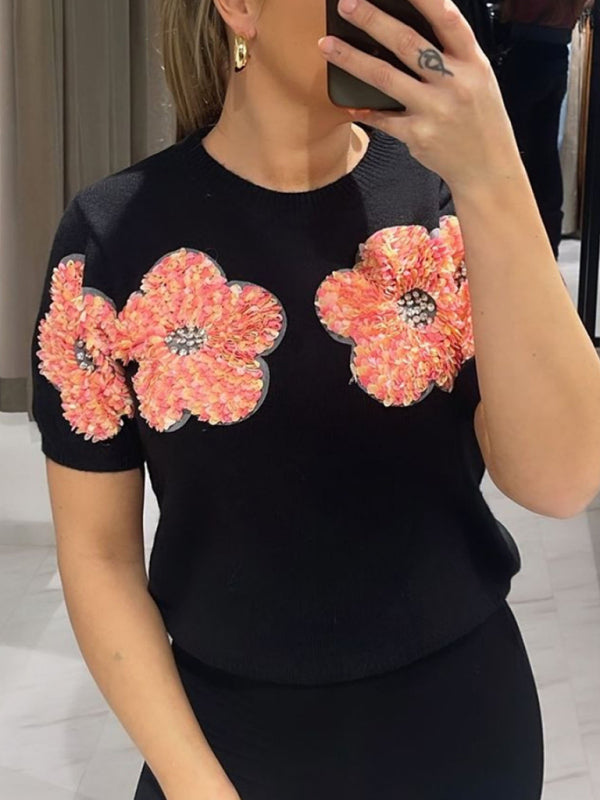 Women's Short Sleeve Knit Top with Flower Appliques