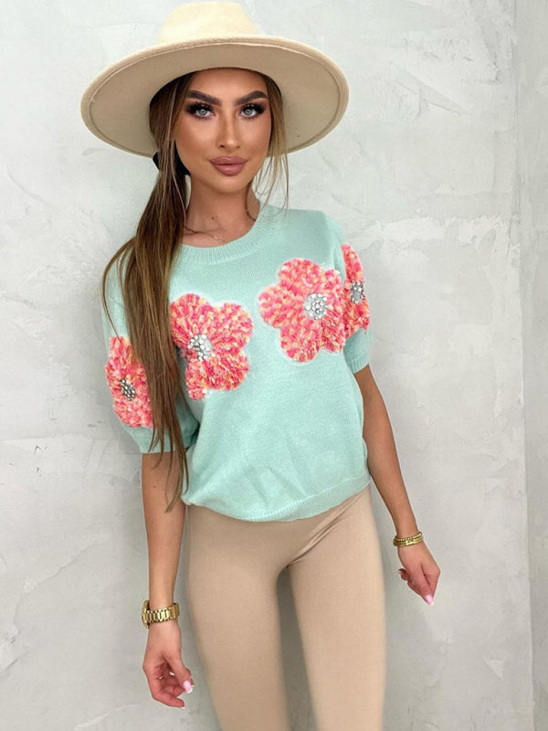 Women's Short Sleeve Knit Top with Flower Appliques