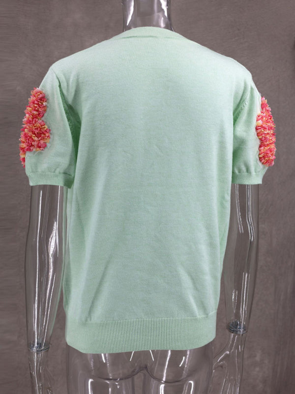 Women's Short Sleeve Knit Top with Flower Appliques