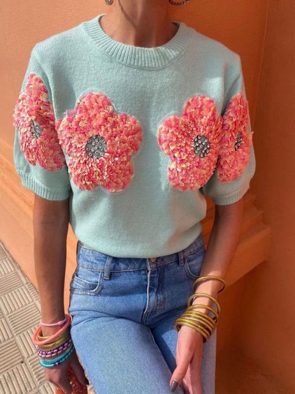 Women's Short Sleeve Knit Top with Flower Appliques