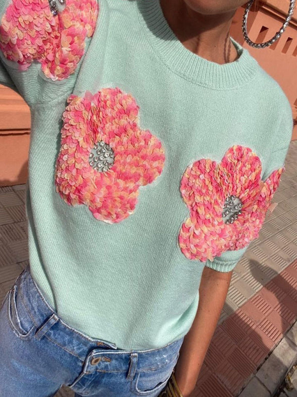 Women's Short Sleeve Knit Top with Flower Appliques