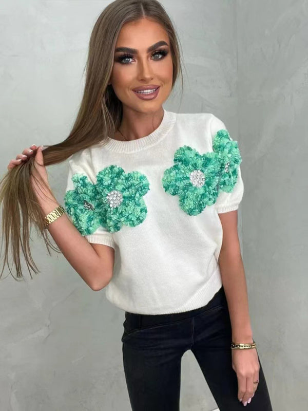 Women's Short Sleeve Knit Top with Flower Appliques