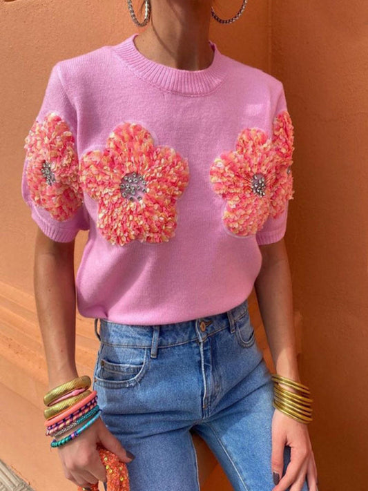 Haut en tricot à manches courtes pour femmes avec appliques de fleurs