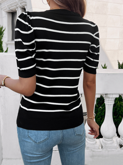 Knit Tops- Women's Striped Puff Sleeve Knit Top- - Chuzko Women Clothing