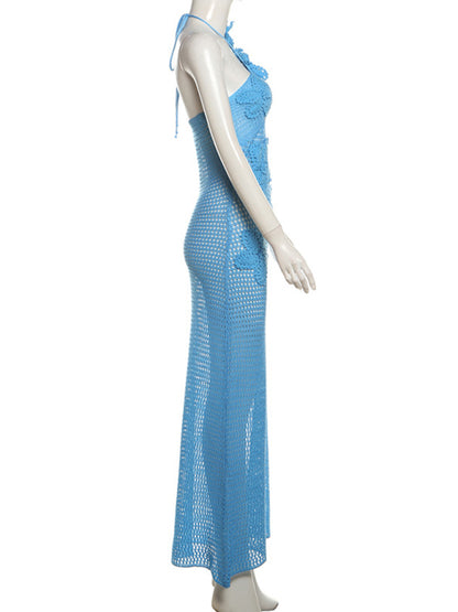 Knit Vacation Dresses - Cutout Maxi Dress for Beach Parties Hollow Knit Cover Ups