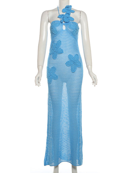 Knit Vacation Dresses - Cutout Maxi Dress for Beach Parties Hollow Knit Cover Ups