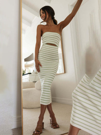 Knitting Dresses- Stripes Summer Strapless Cutout Dress with Body-Hugging Fit- - Pekosa Women Fashion