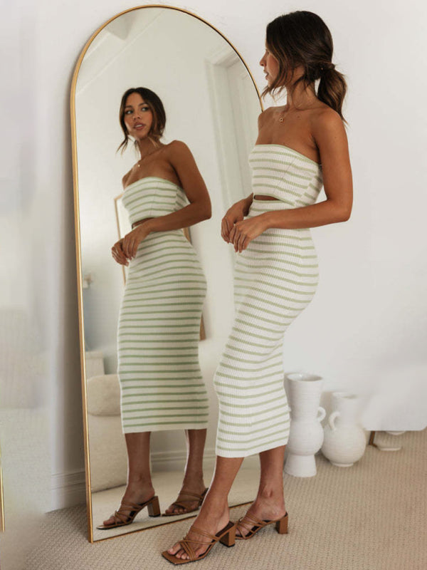 Knitting Dresses- Stripes Summer Strapless Cutout Dress with Body-Hugging Fit- - Pekosa Women Fashion