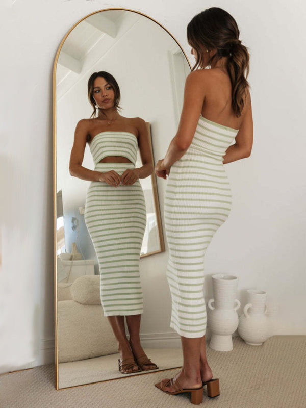 Knitting Dresses- Stripes Summer Strapless Cutout Dress with Body-Hugging Fit- - Pekosa Women Fashion