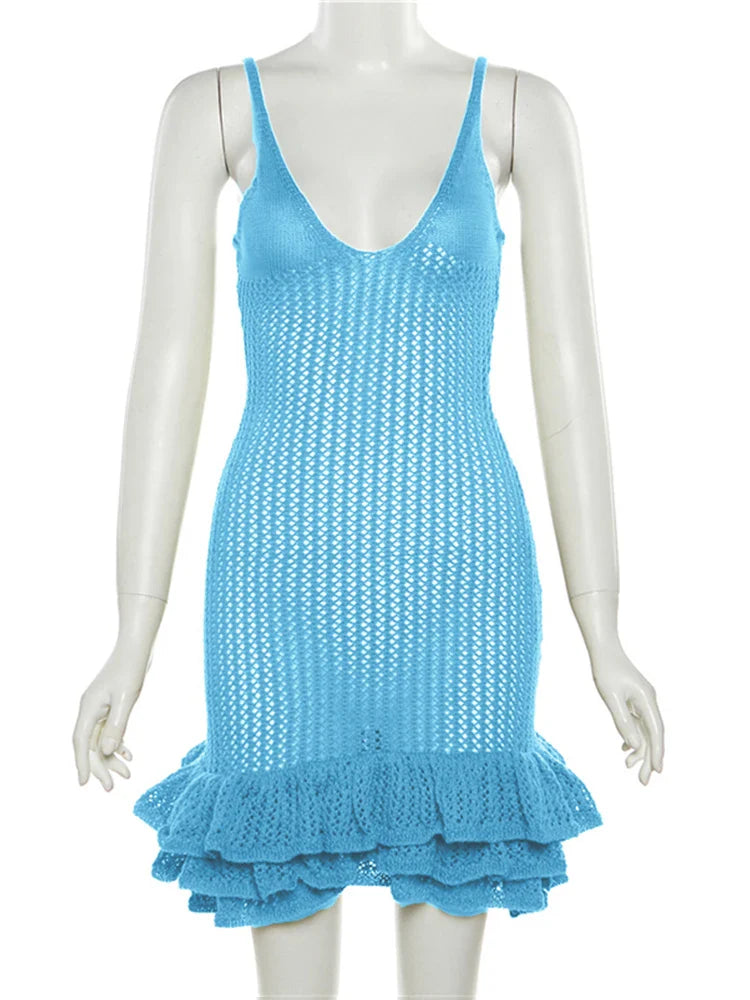 Knitting Dresses- Vacation V-Neck Cover-Up Dress for Beach Parties- Blue- Pekosa Women Fashion