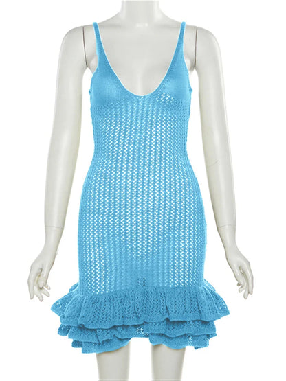 Knitting Dresses- Vacation V-Neck Cover-Up Dress for Beach Parties- Blue- Pekosa Women Fashion