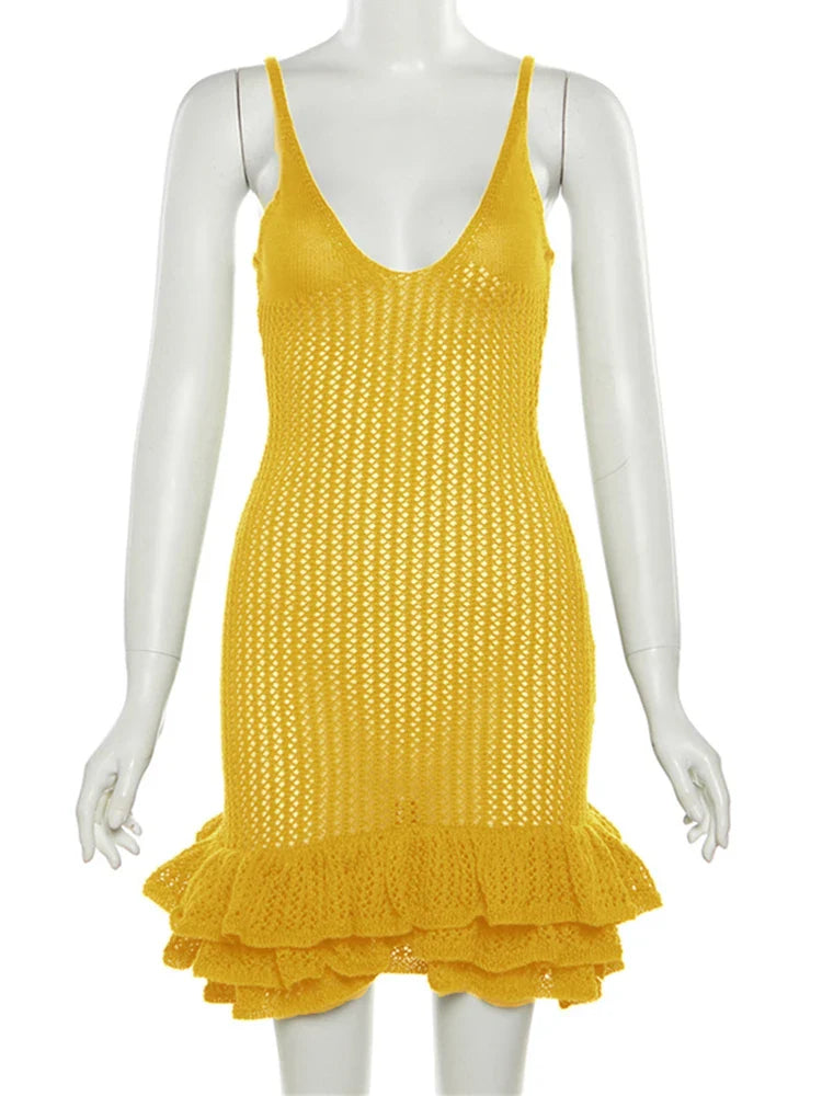 Knitting Dresses- Vacation V-Neck Cover-Up Dress for Beach Parties- Yellow- Pekosa Women Fashion