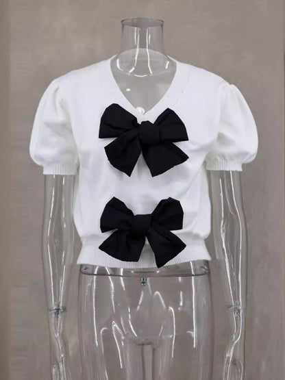 Bow-tiful Women's Short Sleeve Knit Top with Delicate Bows