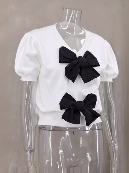 Bow-tiful Women's Short Sleeve Knit Top with Delicate Bows