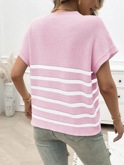 Knitting Tops- Cozy Striped Knit Fall Top Women's Relaxed Short Sleeve Tee- - Pekosa Women Fashion