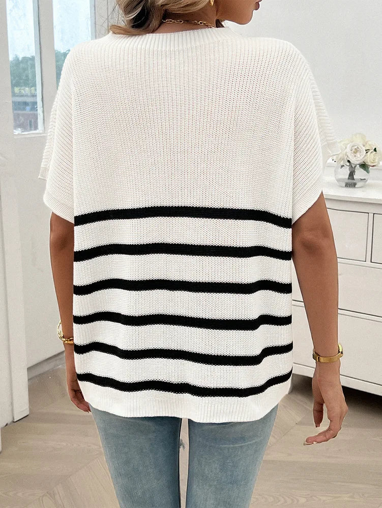 Knitting Tops- Cozy Striped Knit Fall Top Women's Relaxed Short Sleeve Tee- - Pekosa Women Fashion