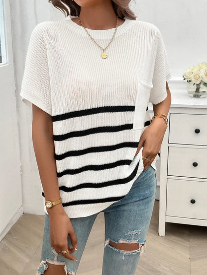 Knitting Tops- Cozy Striped Knit Fall Top Women's Relaxed Short Sleeve Tee- White- Pekosa Women Fashion