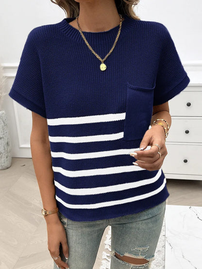 Knitting Tops- Cozy Striped Knit Fall Top Women's Relaxed Short Sleeve Tee- Navy Blue- Pekosa Women Fashion