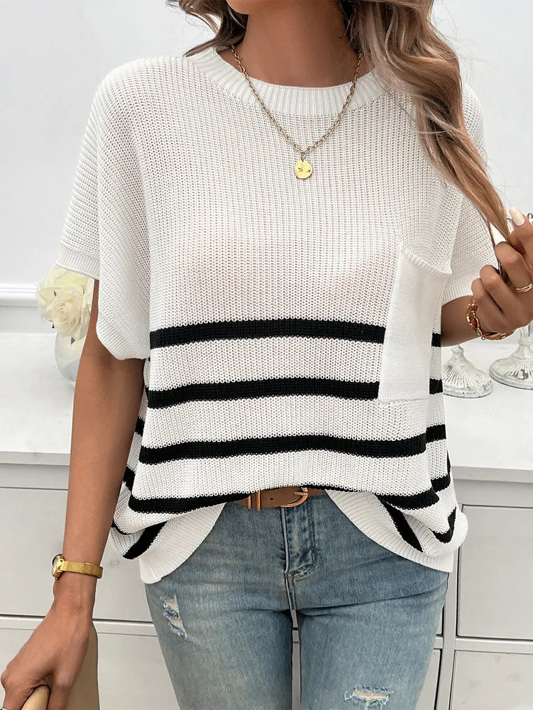 Knitting Tops- Cozy Striped Knit Fall Top Women's Relaxed Short Sleeve Tee- - Pekosa Women Fashion