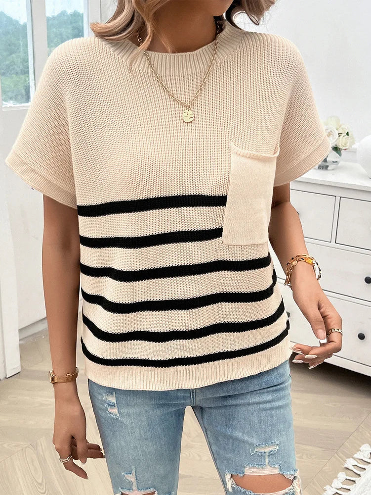 Knitting Tops- Cozy Striped Knit Fall Top Women's Relaxed Short Sleeve Tee- Apricot- Pekosa Women Fashion