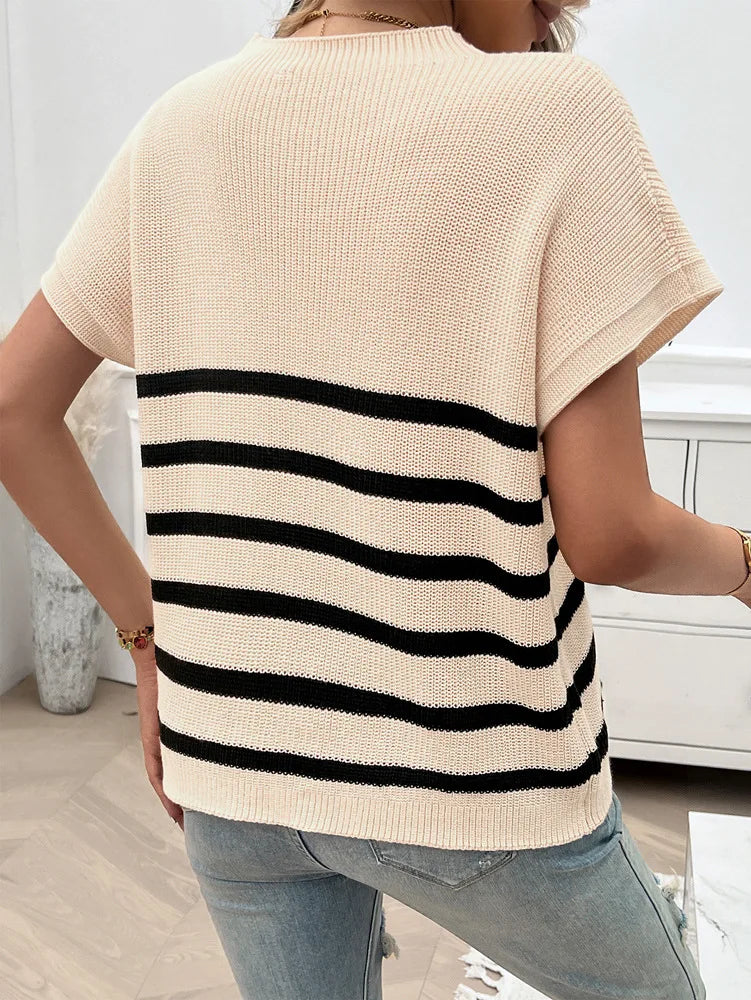 Knitting Tops- Cozy Striped Knit Fall Top Women's Relaxed Short Sleeve Tee- - Pekosa Women Fashion