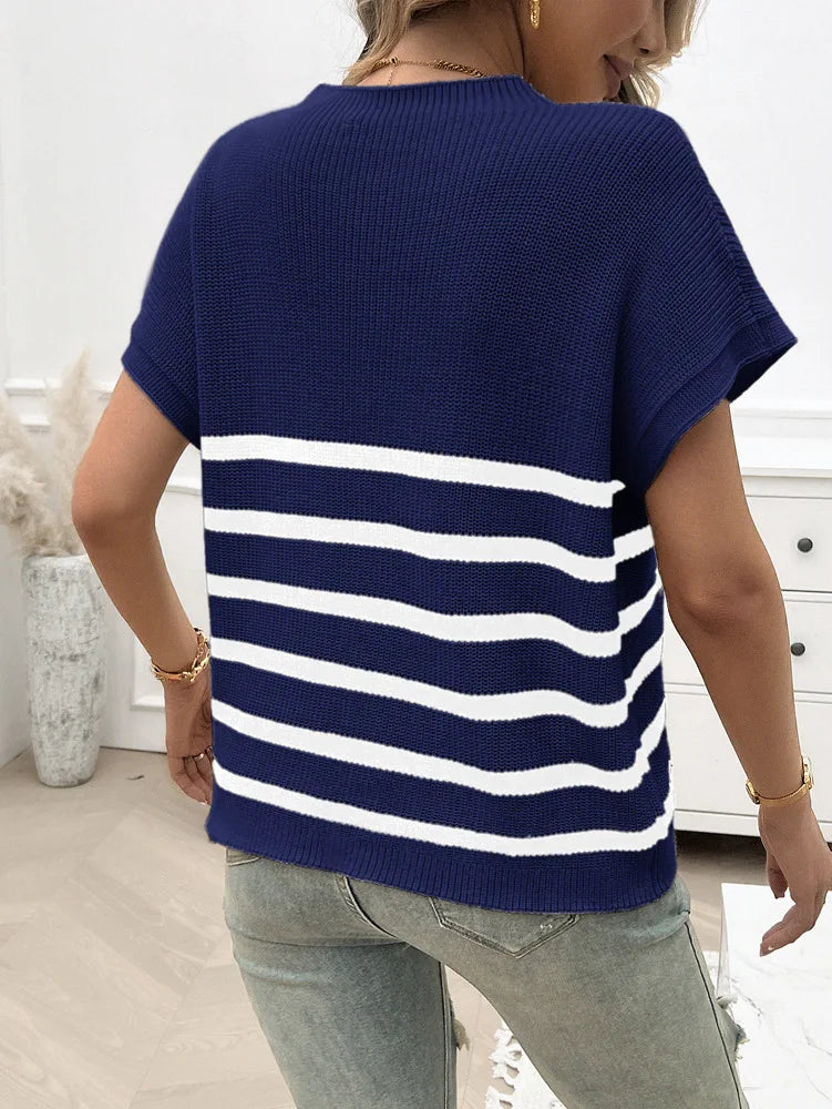 Knitting Tops- Cozy Striped Knit Fall Top Women's Relaxed Short Sleeve Tee- - Pekosa Women Fashion