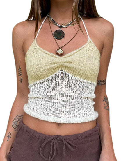 Knitting Tops- Knit Contrast Women's Sleeveless Open Back Cami Halter Top- - Chuzko Women Clothing