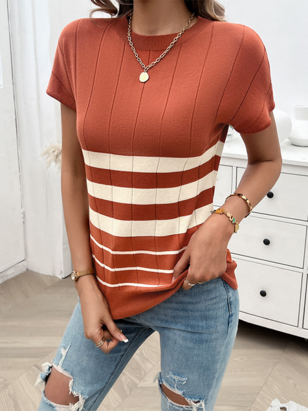 Knitting Tops- Slim Fit Striped Sweater Top Perfect for Fall Shopping- - Chuzko Women Clothing