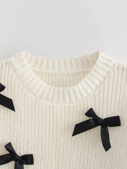 Knitting Tops- Women Bow-Embellished Sweater Knitwear- - Chuzko Women Clothing