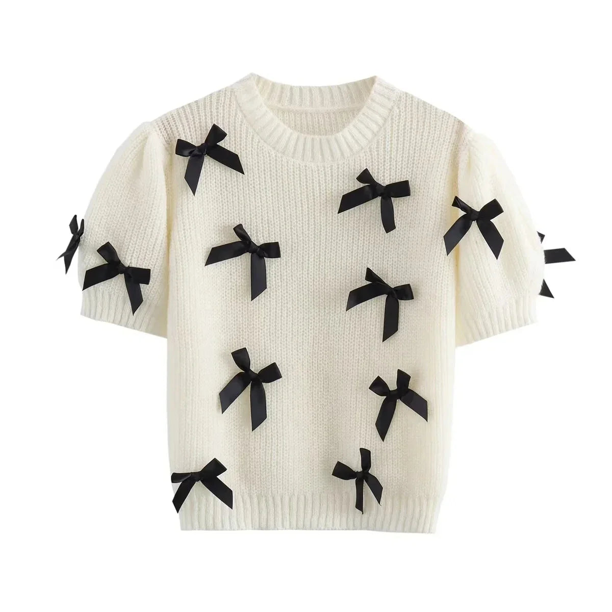 Knitting Tops- Women Bow-Embellished Sweater Knitwear- White- Chuzko Women Clothing