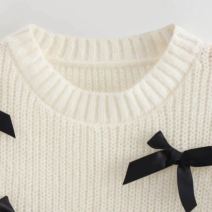 Knitting Tops- Women Bow-Embellished Sweater Knitwear- - Chuzko Women Clothing