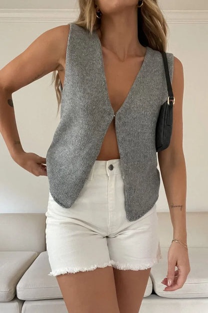 Knitting Tops- Women Deep V-Neck Split-front Knitted Top Vest- Gray- Pekosa Women Fashion