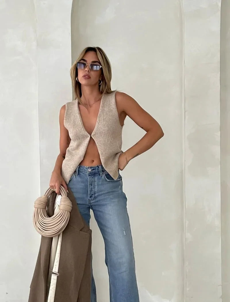 Knitting Tops- Women Deep V-Neck Split-front Knitted Top Vest- Apricot- Pekosa Women Fashion