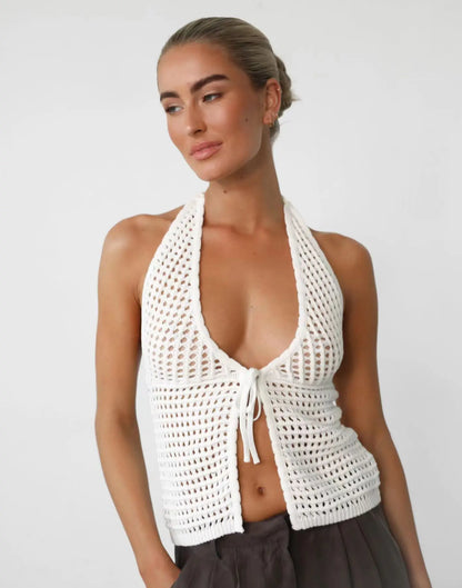 Knitting Tops- Women Hollow Knit Deep V-Neck Halter Top for Beach Days- White- Pekosa Women Fashion